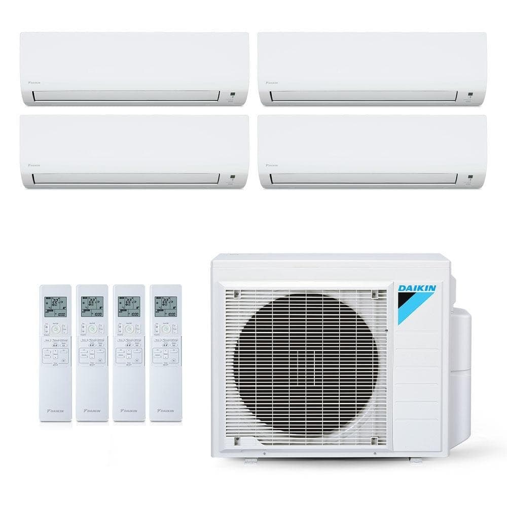 Ar-Condicionado Multi Split Inverter Daikin 28.000 BTUs com quatro unidades evaporadoras brancas e uma unidade condensadora branca
