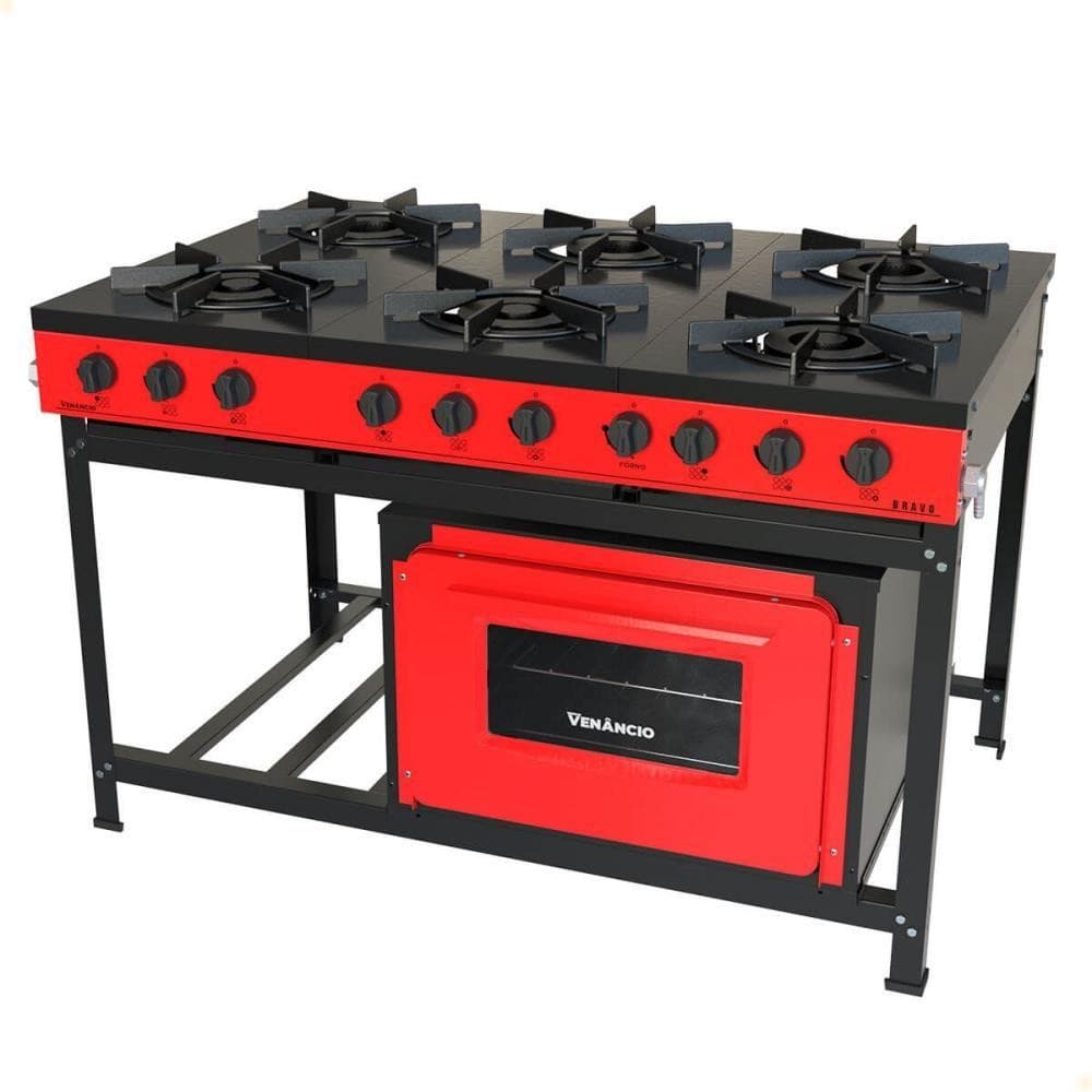 Fogão industrial Venâncio a gás Bravo com 6 bocas e forno vermelho