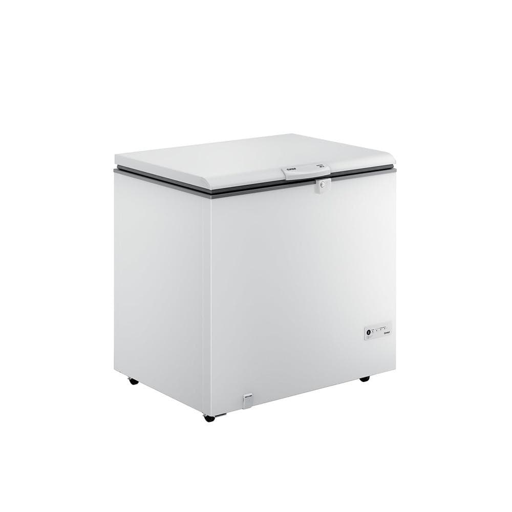Freezer horizontal branco Consul 309L com porta de vidro e puxador preto, fácil limpeza, 220V