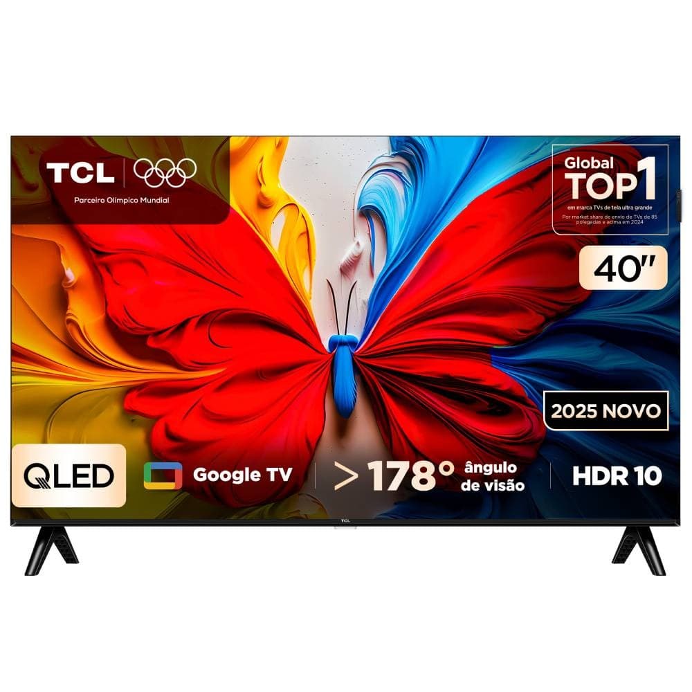 Smart TV TCL 40 Polegadas Full HD QLED com imagem de borboleta, WiFi, Bluetooth, Google TV, HDR 10, 178° ângulo de visão
