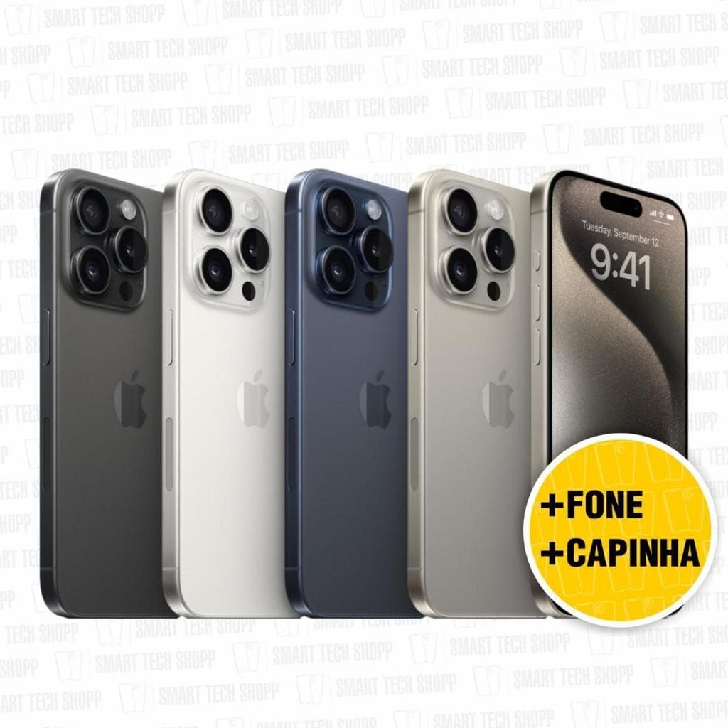 iPhone 15 Pro e Pro Max em cores preto, azul, prata e cinza espacial com oferta de acessório