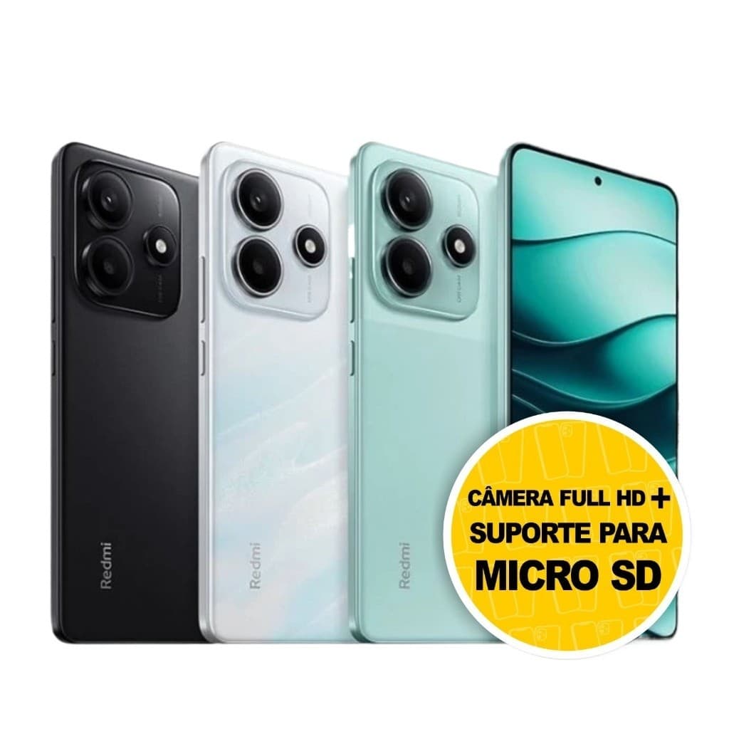 Xiaomi Redmi Note 14 4G em quatro cores: preto, branco, ciano e verde turquesa com câmera full HD e suporte para micro SD