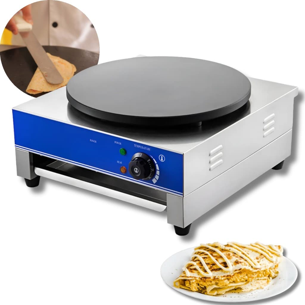 Máquina de crepe elétrica com chapa preta e base azul e branca, crepe quente em prato branco