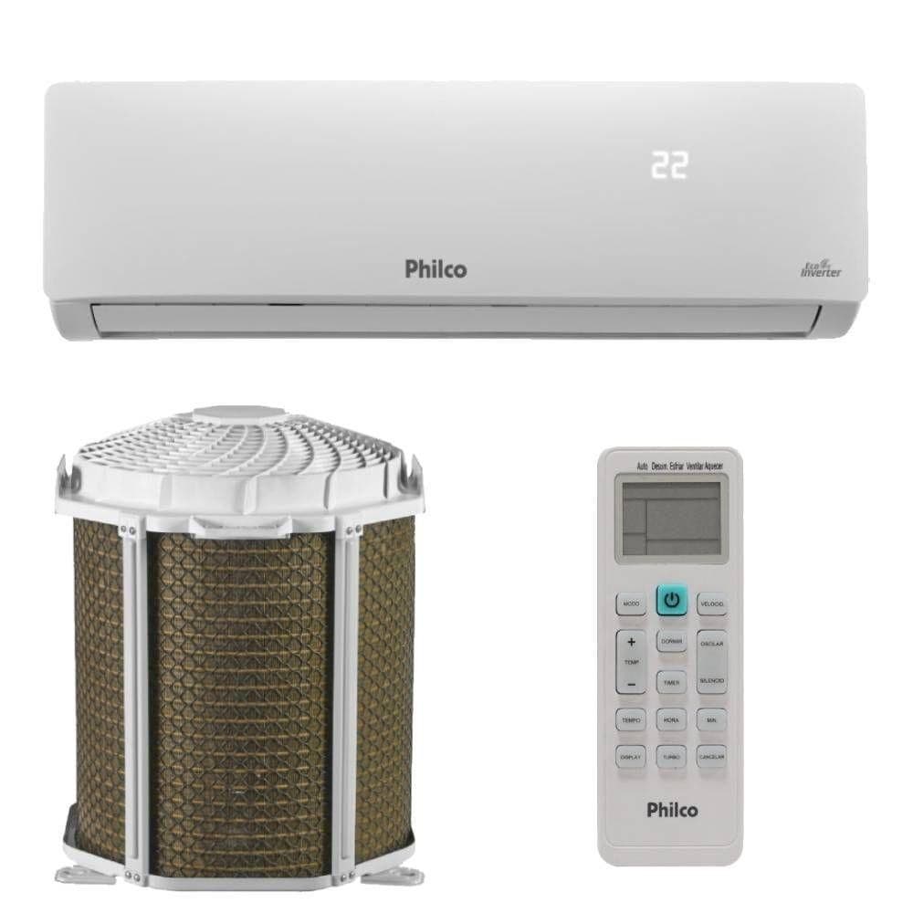 Ar Condicionado Split Inverter Philco PAC9FC 9000 BTUs Frio 220V com unidade externa branca, unidade interna e controle remoto