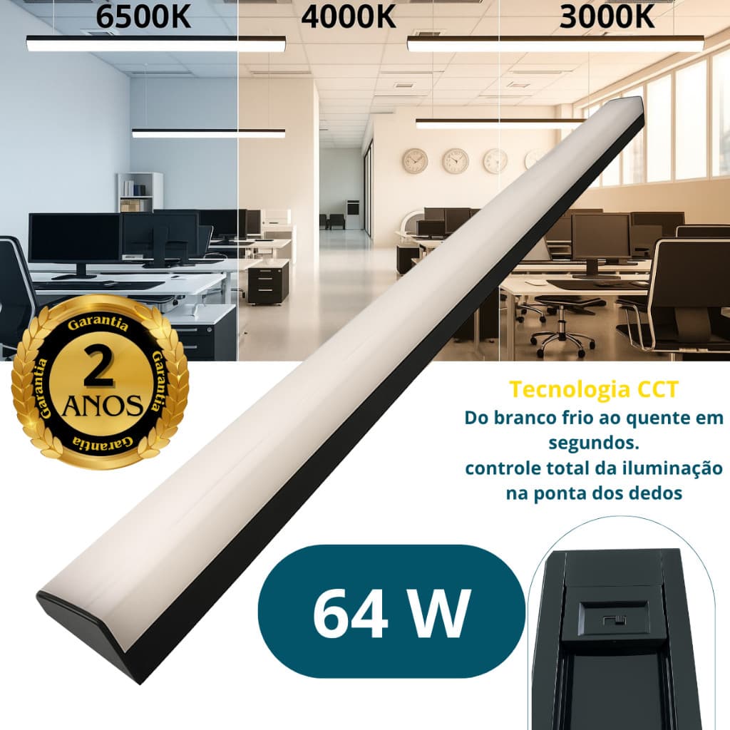 Luminária LED Linear 64W Sobrepor ou Pendente CCT 3 Temperaturas 120x6cm Bivolt Moderna