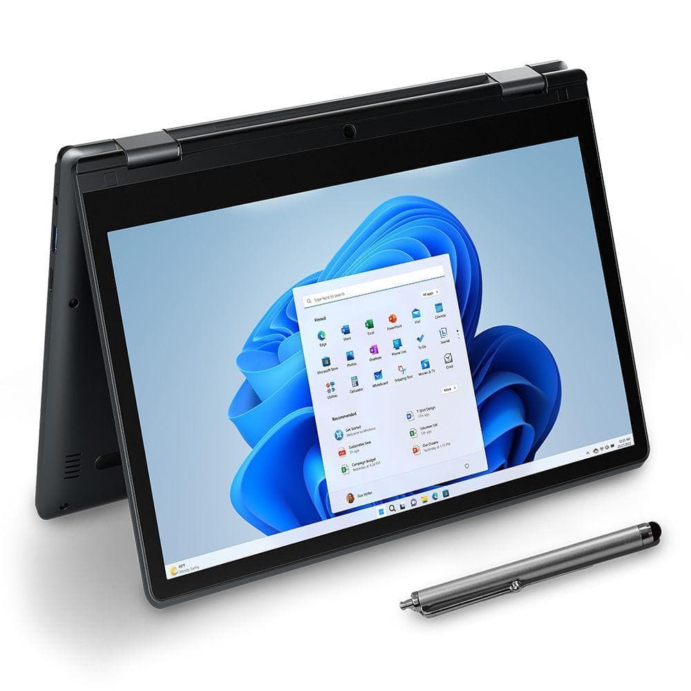 Notebook 2 em 1 Positivo Duo C4128E aberto com tela Windows 11 e caneta stylus
