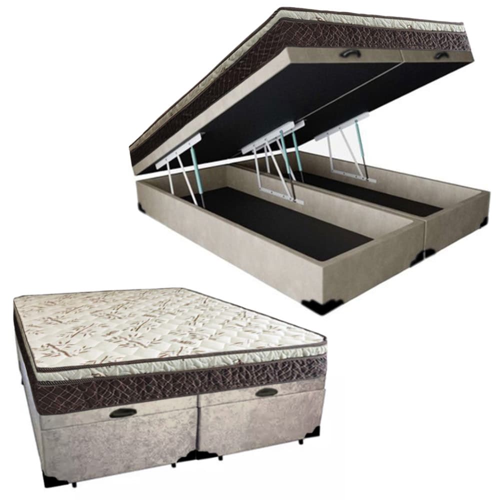 Cama box baú queen suede bipartido com colchão Elegance ortopédico espuma D33 extra firme