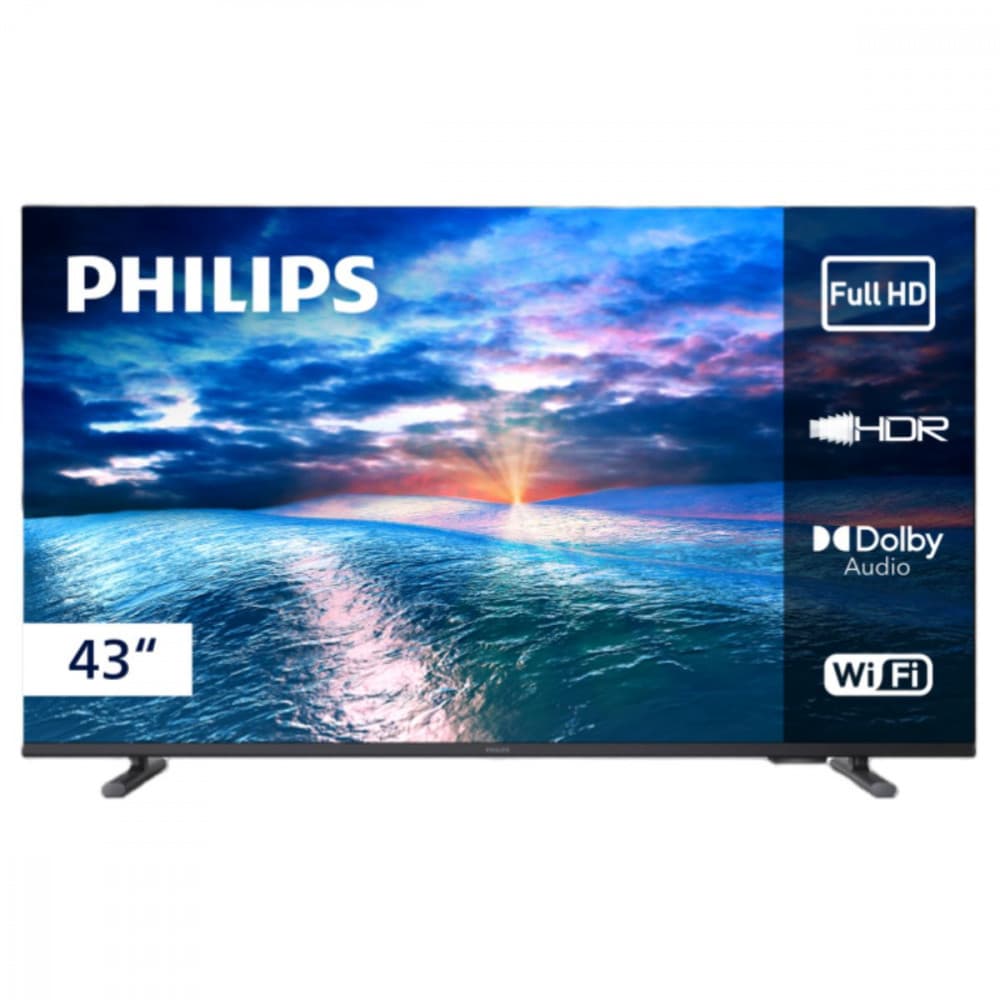 Smart TV Philips 43 polegadas Full HD exibindo pôr do sol no oceano