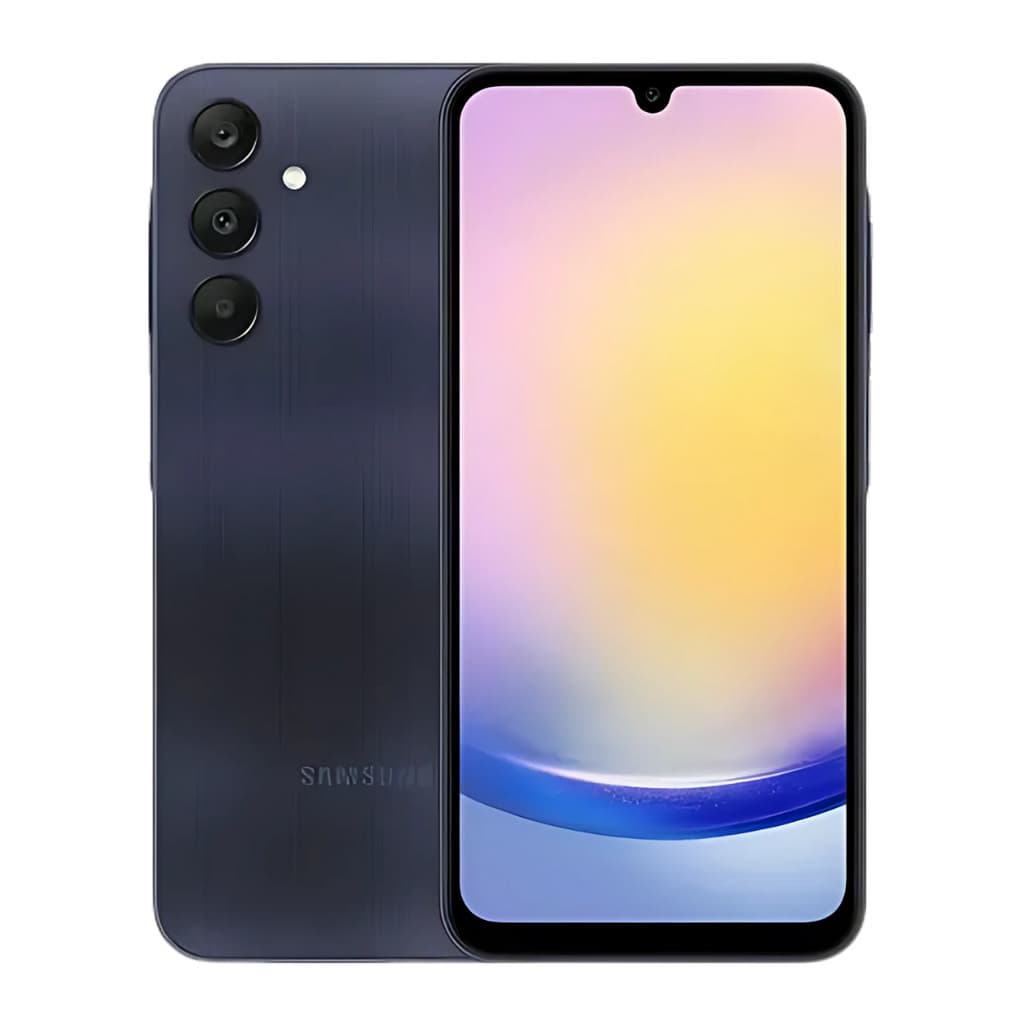 Smartphone Samsung Galaxy A25 5G com tela AMOLED azul, câmera tripla e acabamento metálico