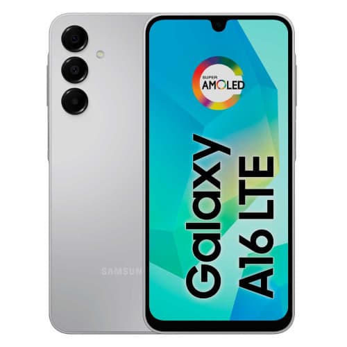 Smartphone Samsung Galaxy A16 128GB, visão traseira com câmeras e logotipo, tela com marcação Galaxy A16 LTE