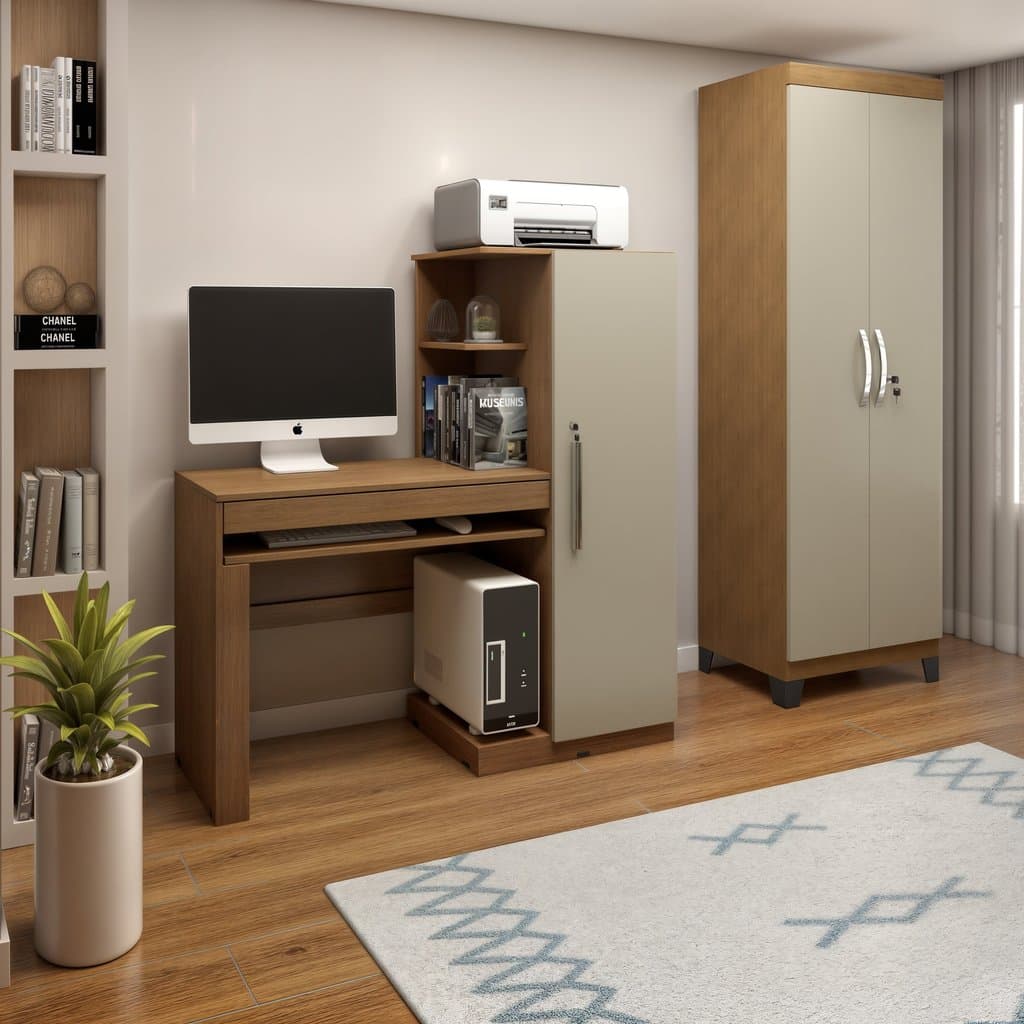 Conjunto mesa para computador com armário e armário multiuso off-white e cinámomos