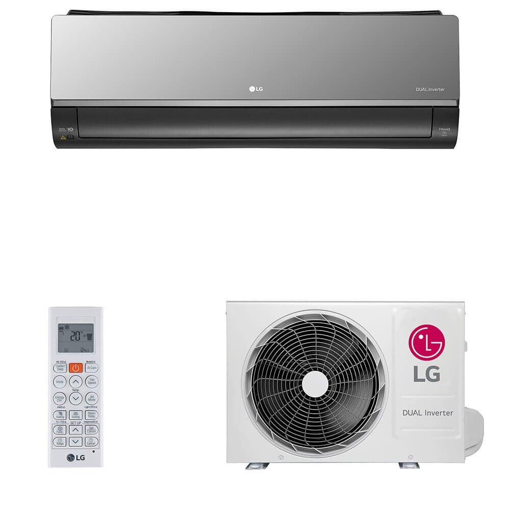 Ar-condicionado LG 24000 BTUs, unidade externa cinza e interna branca, controle remoto branco