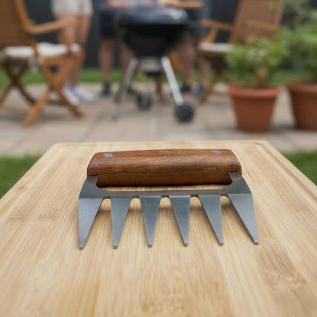 Garra de churrasco inox com cabo de madeira profissional, desfiador de carnes, desfiador de churrasco