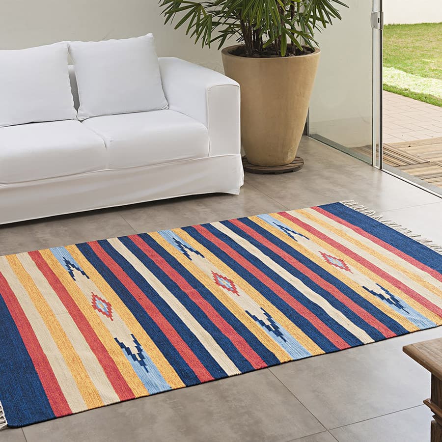 Tapete Kilim 200x300 vermelho, azul e amarelo para sala e quarto