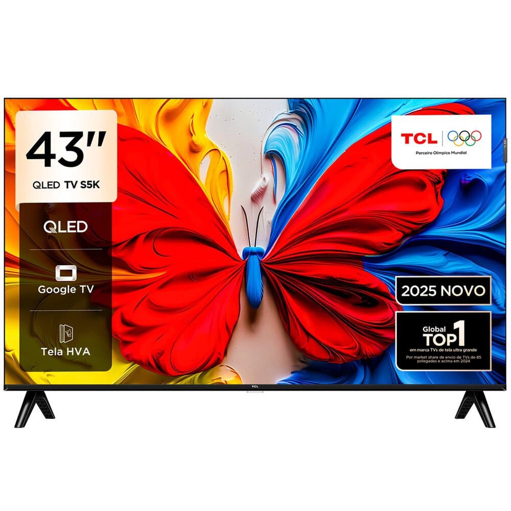 Smart TV 43 Polegadas TCL Google TV QLED 43S5K com borboleta multicolorida