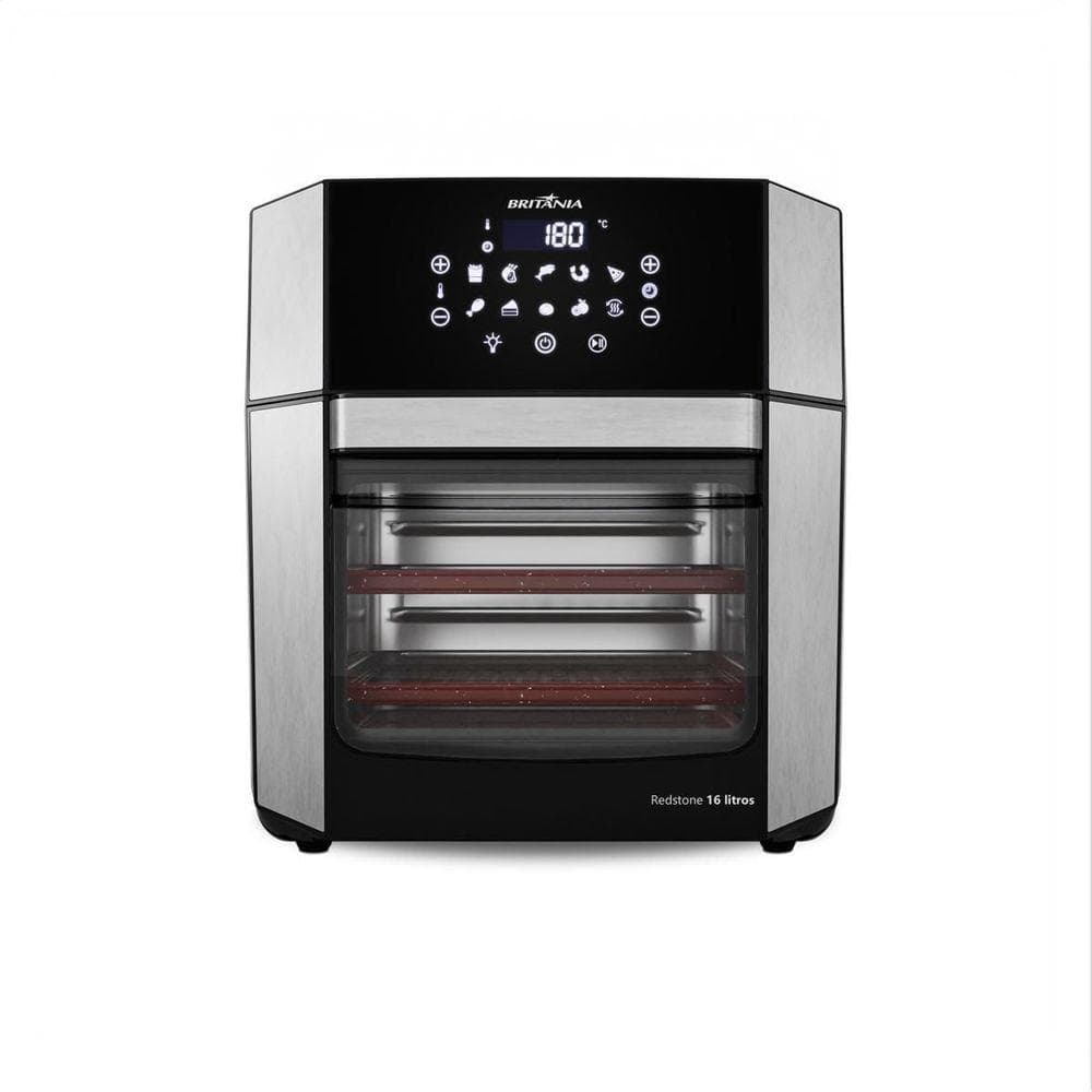 Fogão elétrico Britânia 16L com porta removível e display digital, preto e prata.