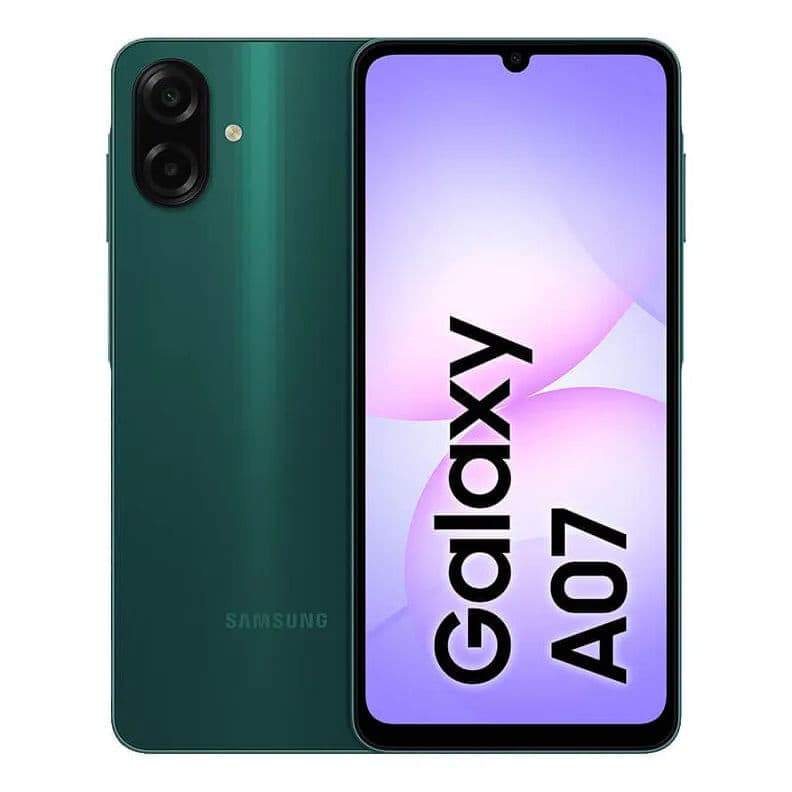 Foto do celular Samsung Galaxy A07 em verde metálico, mostrando a parte traseira e frontal com detalhes da câmera e tela.