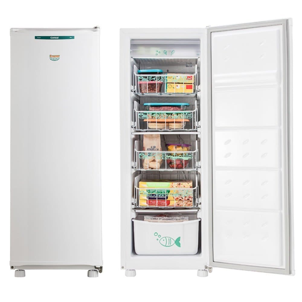 Freezer vertical branco Consul, 1 porta, 121 litros, com compartimentos abertos e alimentos organizados
