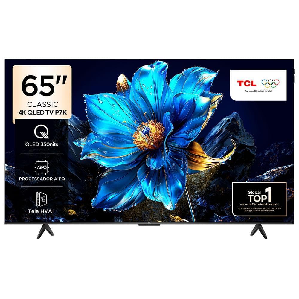 Smart TV 4K TCL Classic QLED 65 polegadas com especificações detalhadas e logotipo TCL
