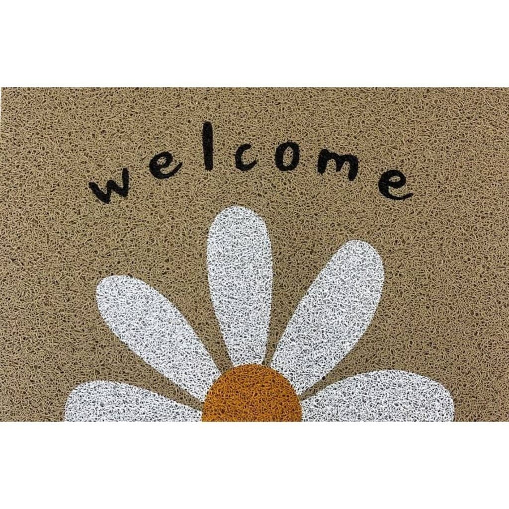 Tapete de entrada com design de margarida e texto 'Welcome', cor marrom e branco