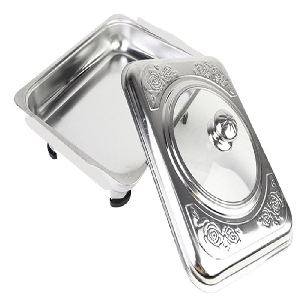 Travessa de servir rechaud leve inox com tampa e pés, tampa com design floral, pés pretos, fundo branco