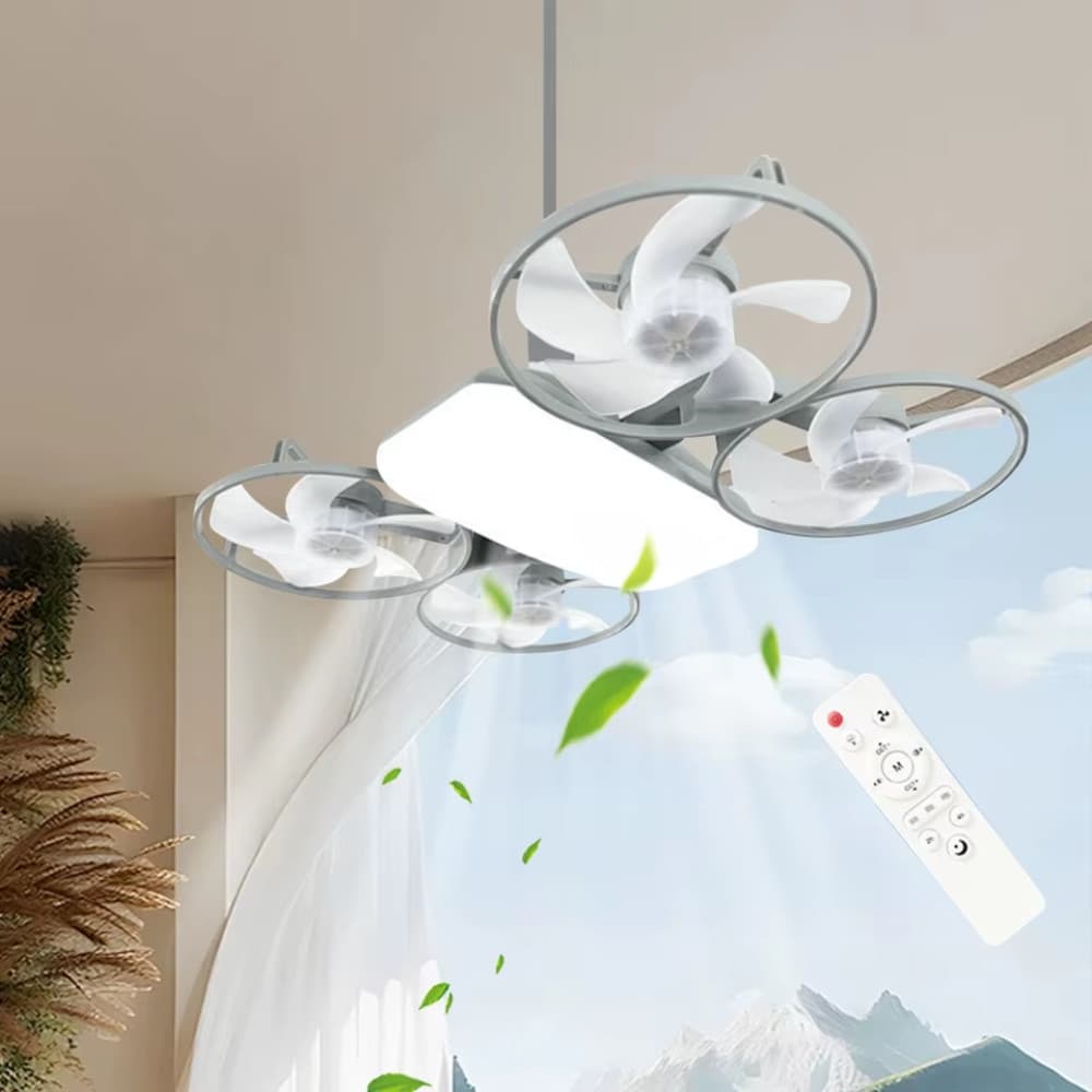 Ventilador de teto 2 em 1 com luz LED dimerizada, design moderno e dobrável, montado no teto.