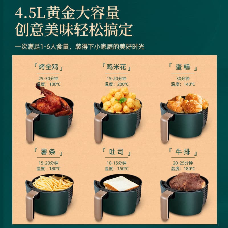 Fritadeira de ar Changhong de 4.5L com múltiplos alimentos prontos e informações nutricionais