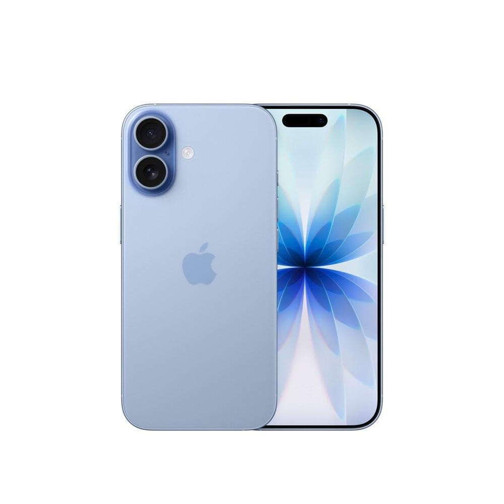 iPhone 17 512GB Azul-névoa, mostrando a parte traseira e frontal do dispositivo contra um fundo branco.