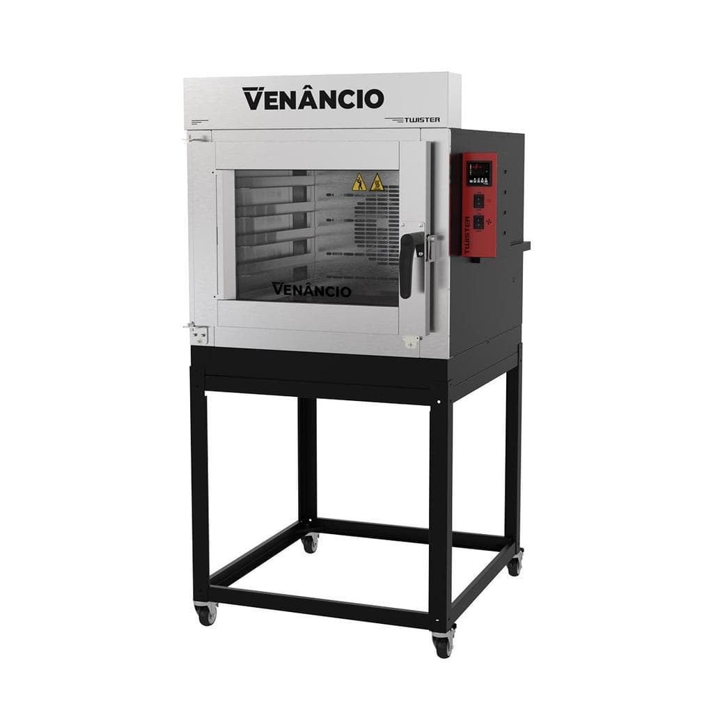 Forno elétrico Venâncio Turbo 5 Esteiras Mono Twister, branco e preto, com controles digitais e rodas.