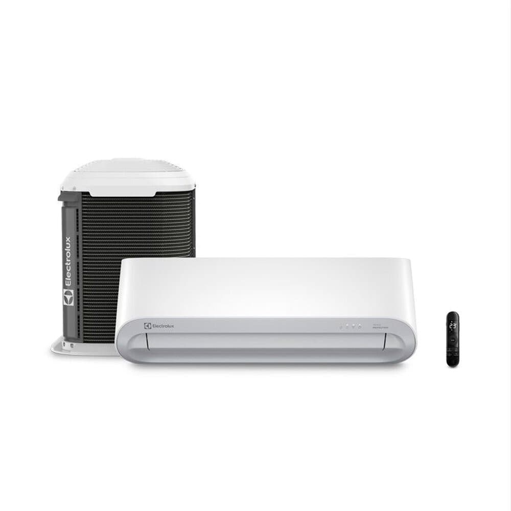Ar-condicionado Electrolux Inverter 9.000 BTUs Color Adapt Quente/Frio JI09R, unidade externa preta e interna branca, controle remoto preto, fundo branco.