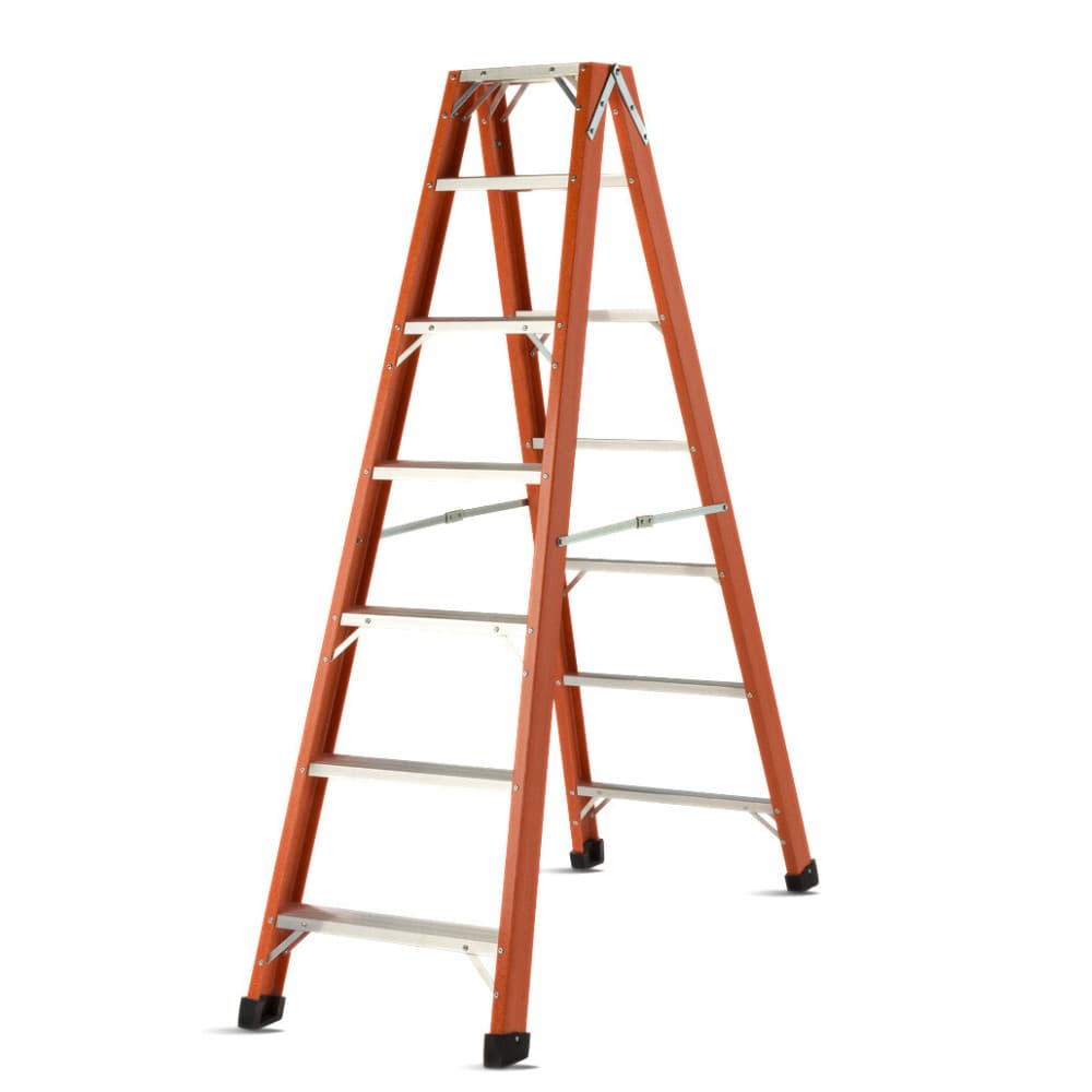 Escada de alumínio e fibra de vidro de 9 degraus com design de tesoura dupla, laranja e cinza metálico, fundo branco