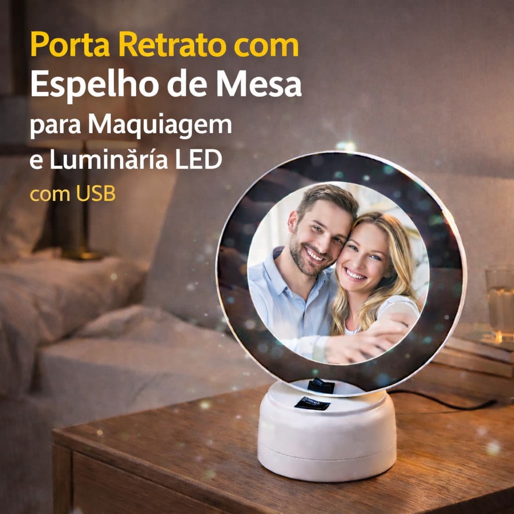 Porta retrato com espelho de mesa LED e USB, branco com luzes e foto de casal sorridente