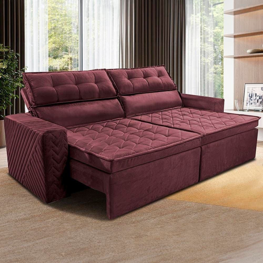 Sofá 4 lugares reclinável em veludo marrom, com design moderno e funcionalidade de cama.