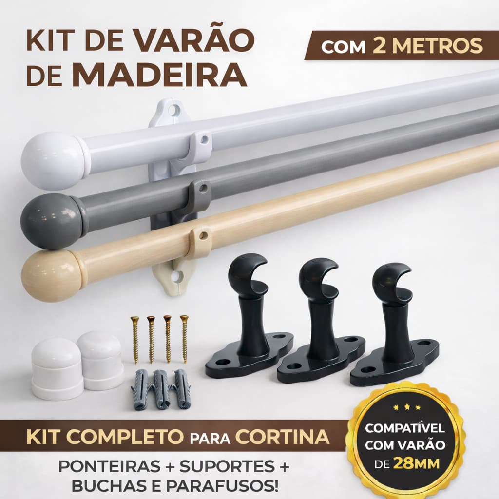 Varão de Cortina de Madeira Simples 2,00m  Branco ou Cinza Para Cozinha Sala Quarto Landeria Edicula