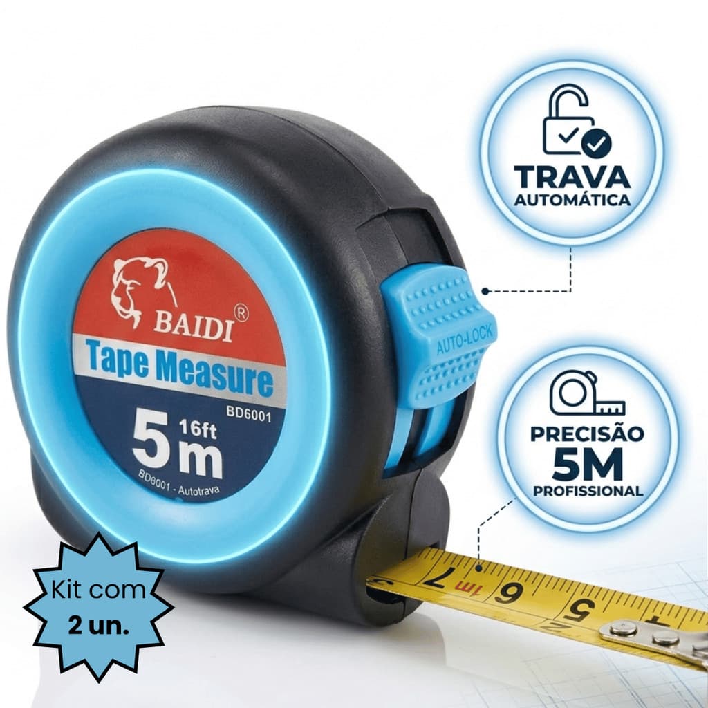Kit 2 fitas métricas de 5 metros com trava automática BAIDI