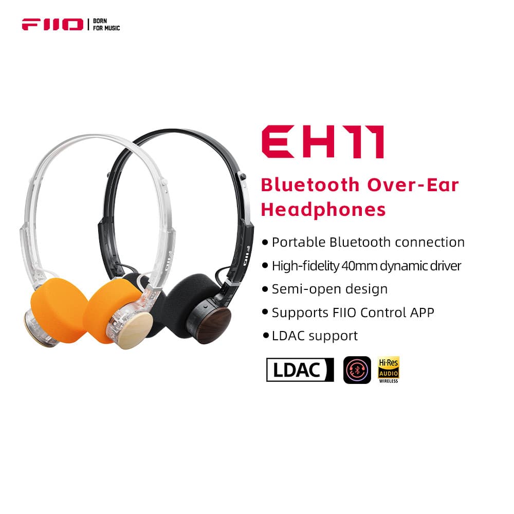 Fones de ouvido Bluetooth FIIO EH11 com design retro, arcos pretos e brancos e almofadas auriculares laranja