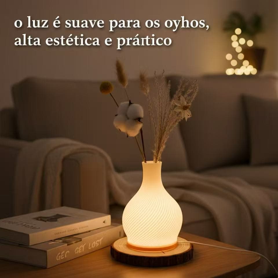 Luminária de mesa LED em forma de vaso com design ondulado, iluminação suave, decoração de mesa com flores secas.