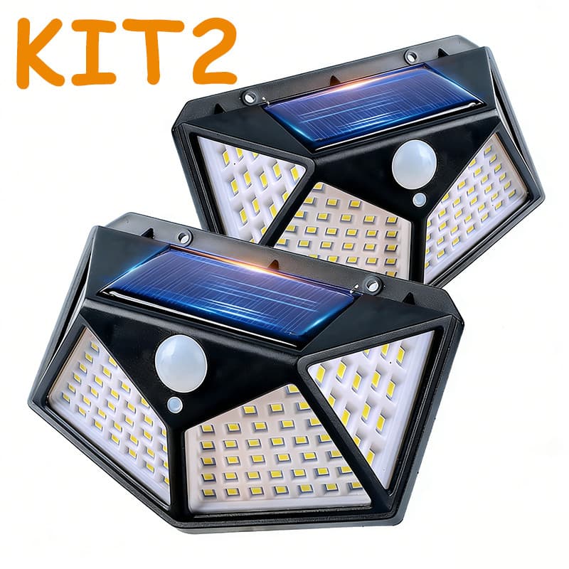 Duas luminárias solares de LED com sensor de movimento, painéis solares azuis e LEDs amarelos, fundo branco