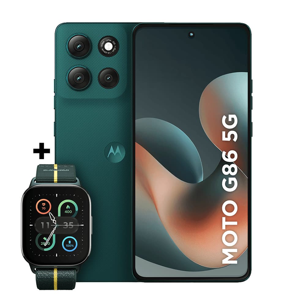 Kit Motorola Moto g86 5G e Moto Watch Fit, fundo branco