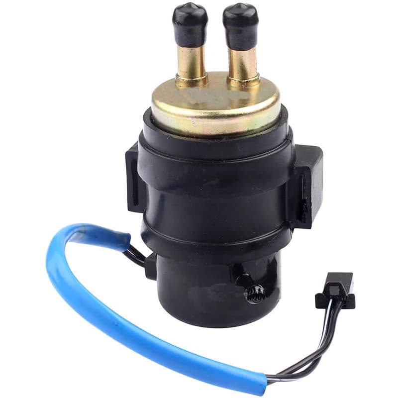 Bomba de combustível universal para motocicleta, preta com conectores dourados e cabo azul, contra fundo branco.