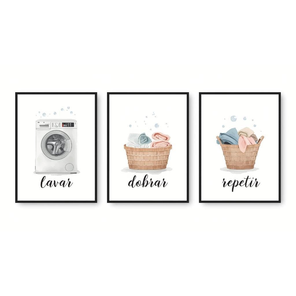 Quadro decorativo lavanderia com cesta de roupa limpa e texto 'repetir', borda preta, fundo branco.