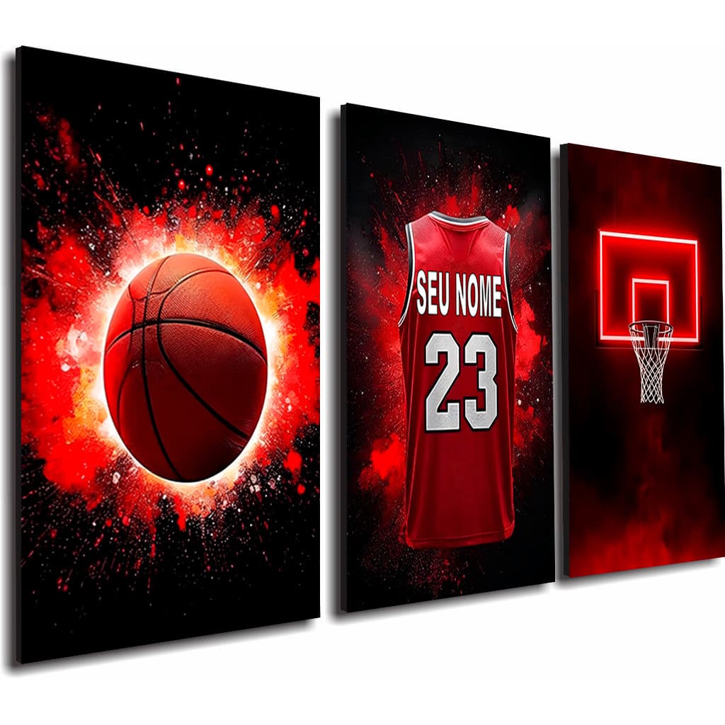 Trio de quadros decorativos de basquete personalizados com nome