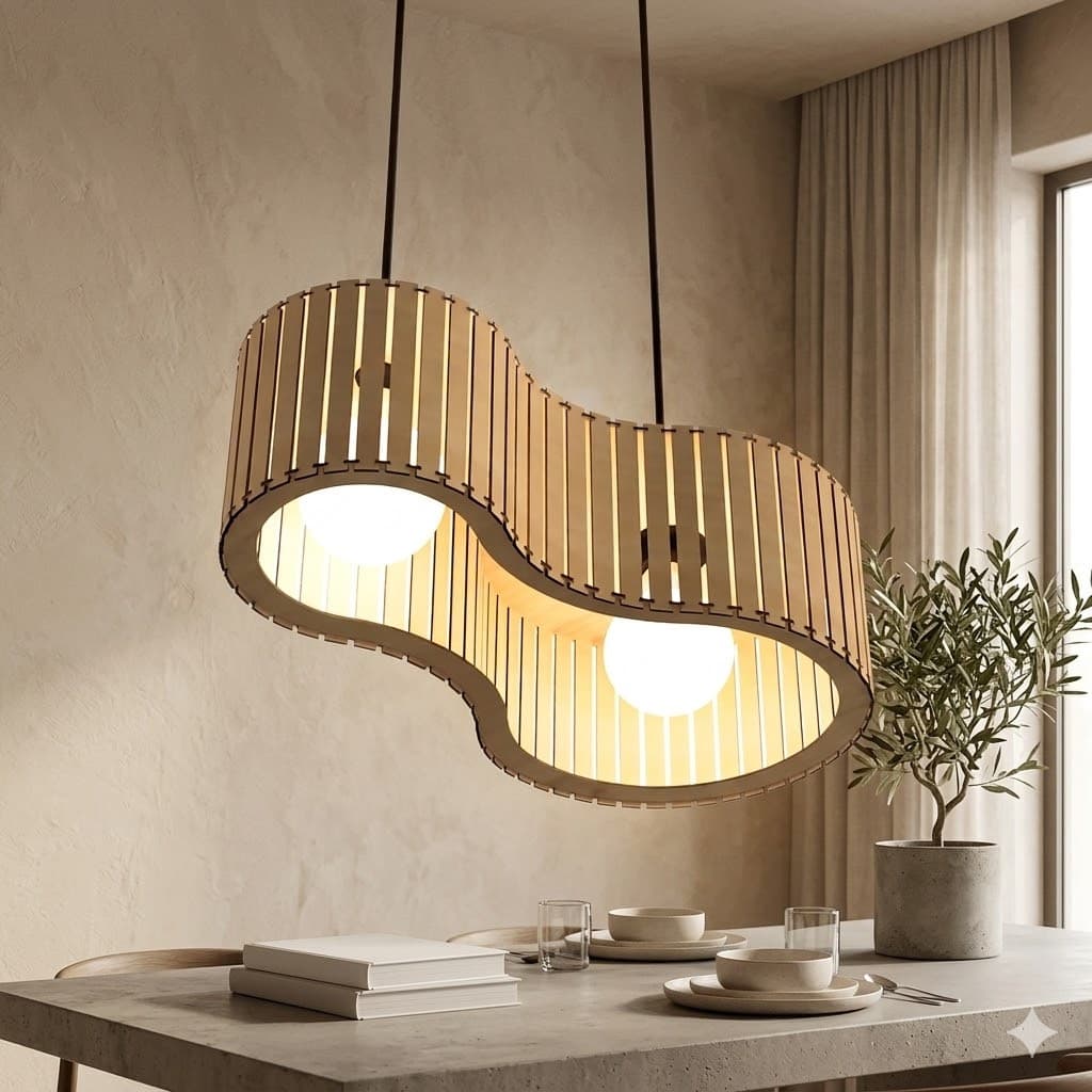 Luminária pendente de madeira ripada em forma de 'S' para mesa de jantar