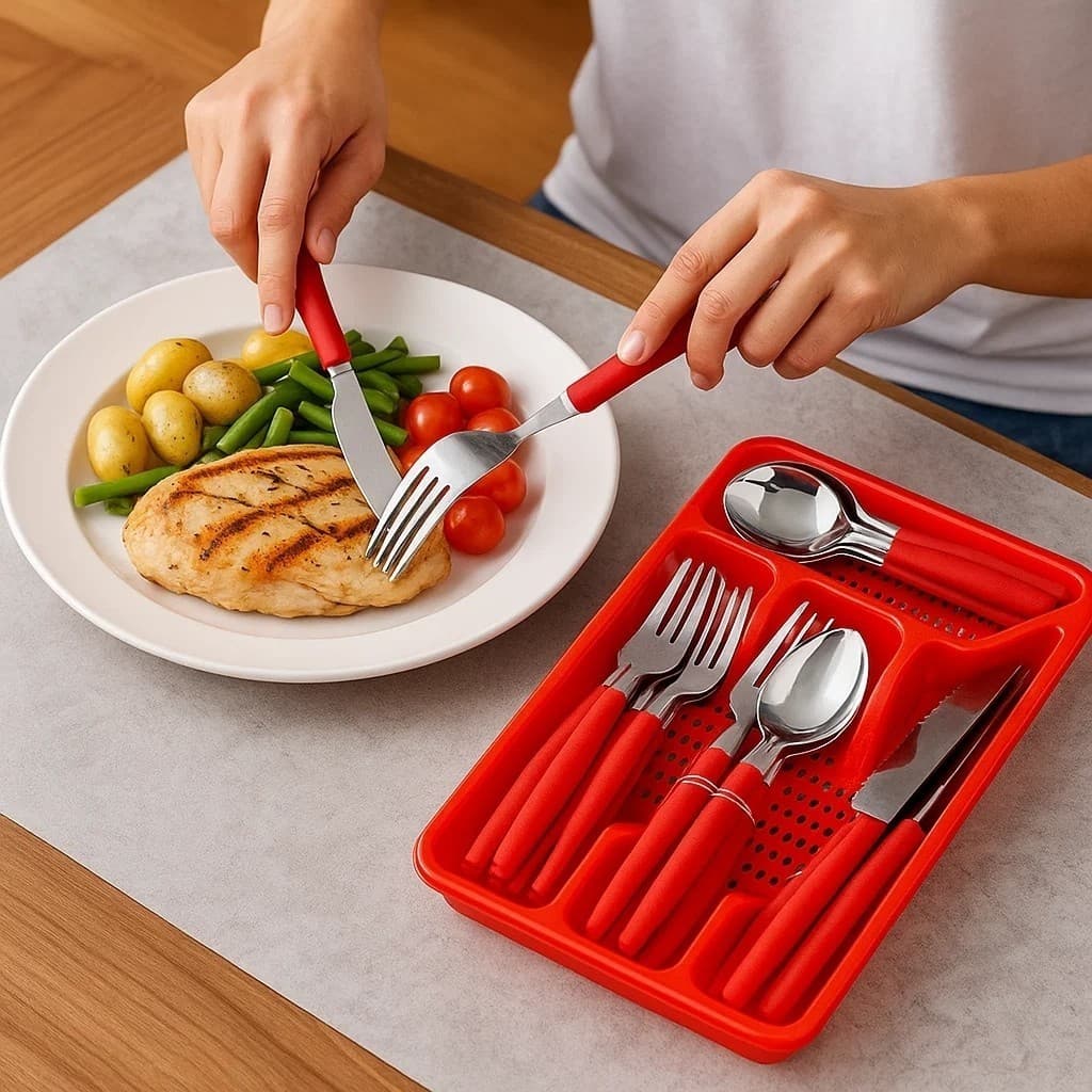 Conjunto de talheres vermelhos com organizador plástico, faca, garfo, colher e pegador, em uma mesa com prato de refeição.