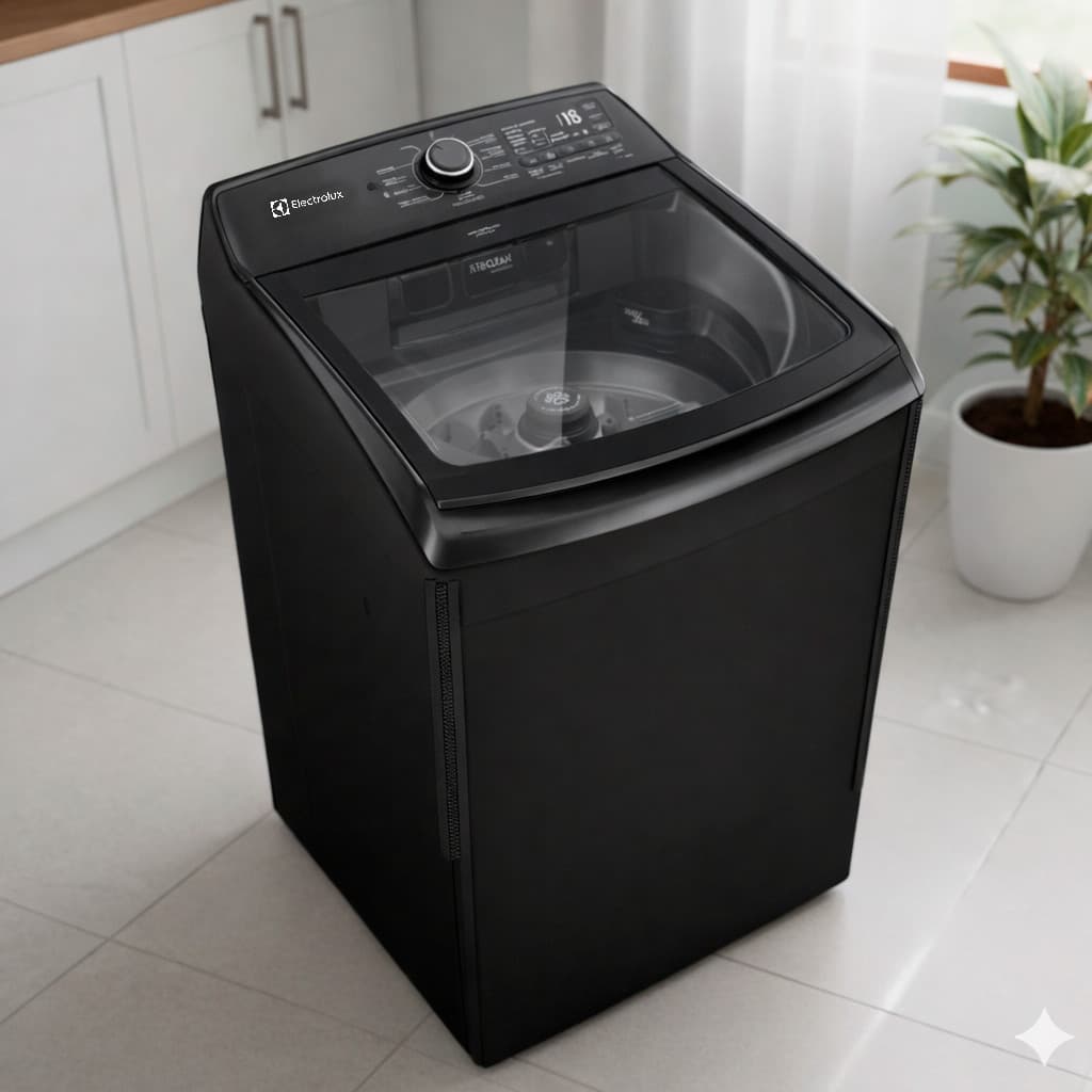 Máquina de lavar roupa Electrolux LEI18 18kg em preto com porta de vidro, em uma cozinha com piso branco.
