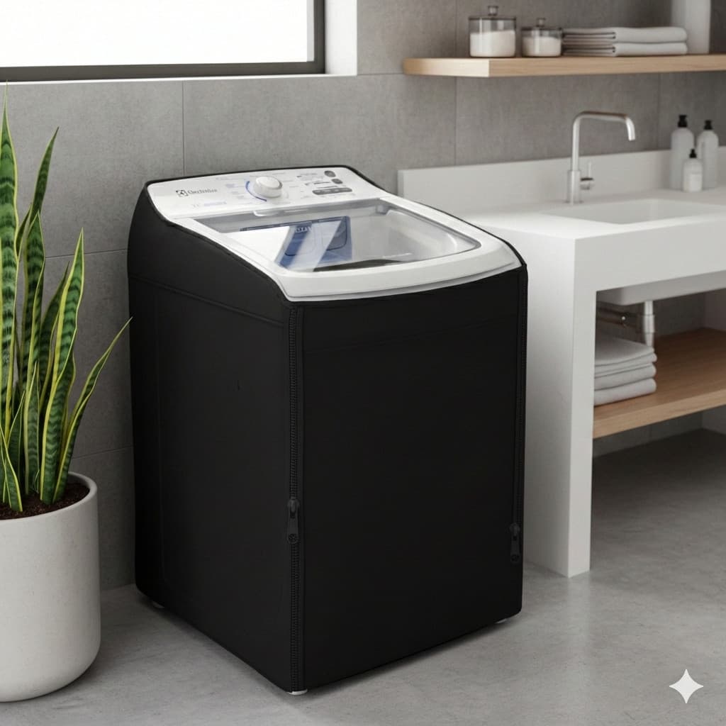 Máquina de lavar roupas Electrolux com zíper, preto e branco, em um ambiente de lavanderia.