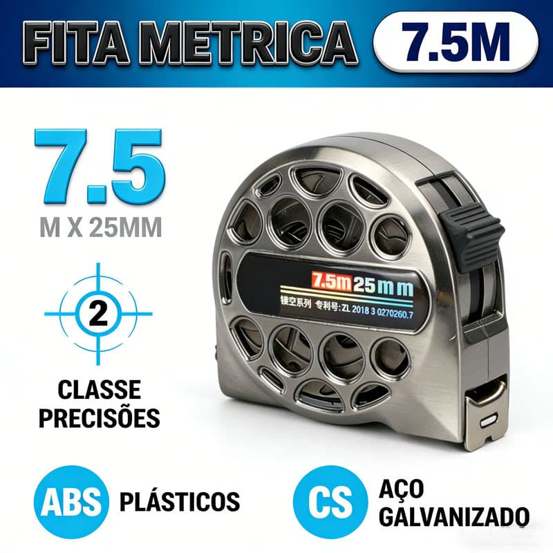 Trena Fita Métrica 7.5m Aço Inox Profissional Alta Precisão