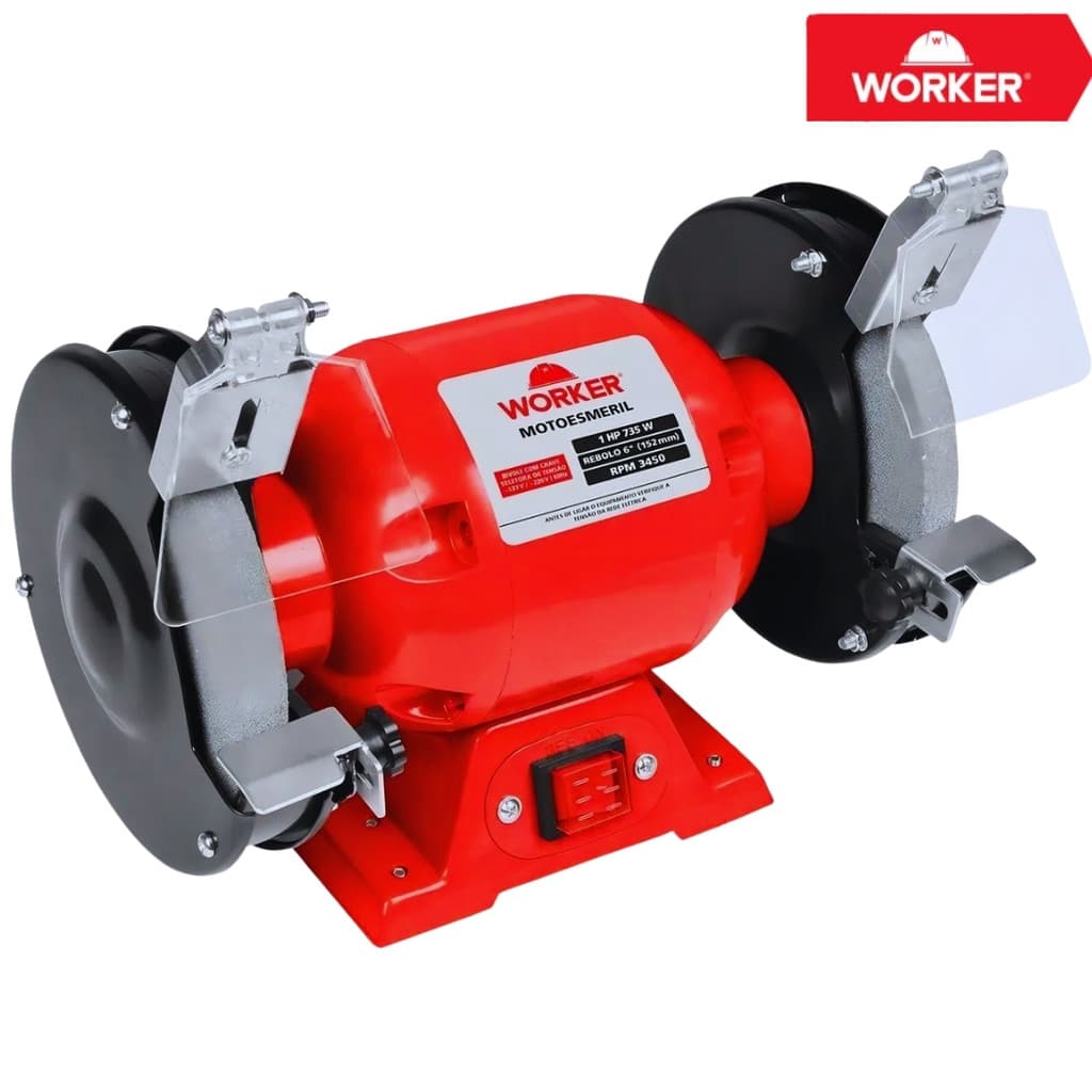 Moto esmeril Worker 735W 1hp vermelho e preto, lixadeira de bancada