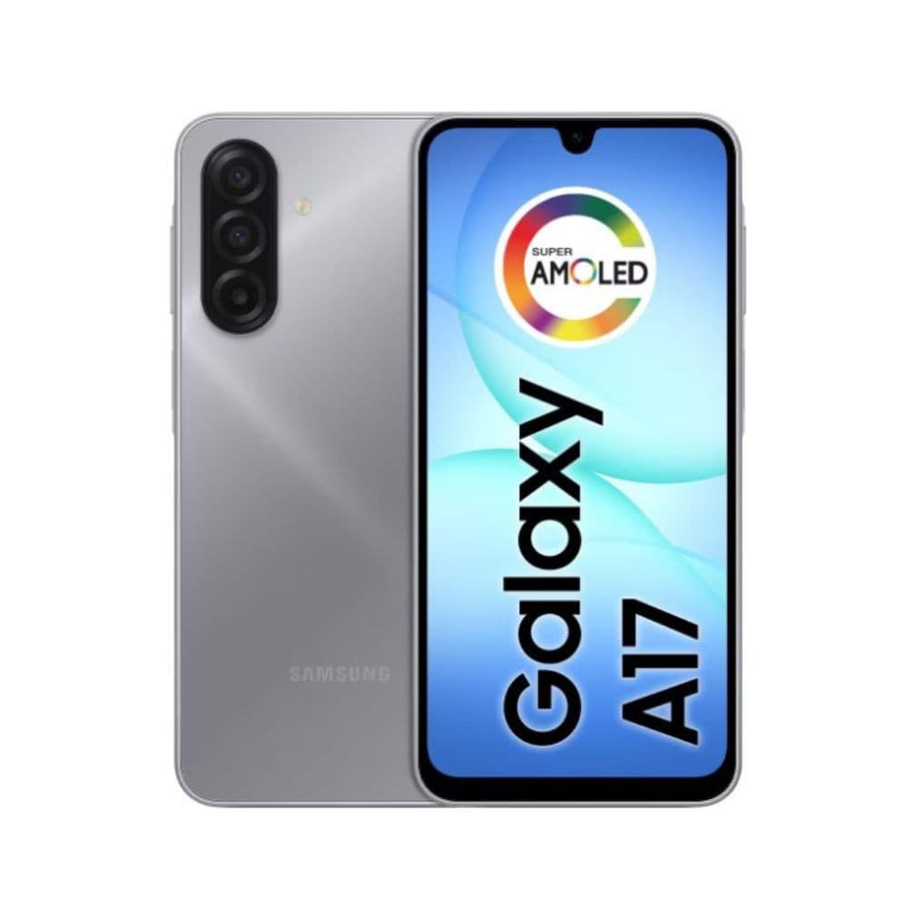 Smartphone Samsung Galaxy A17 cinza com tela Super AMOLED e câmera tripla na parte traseira