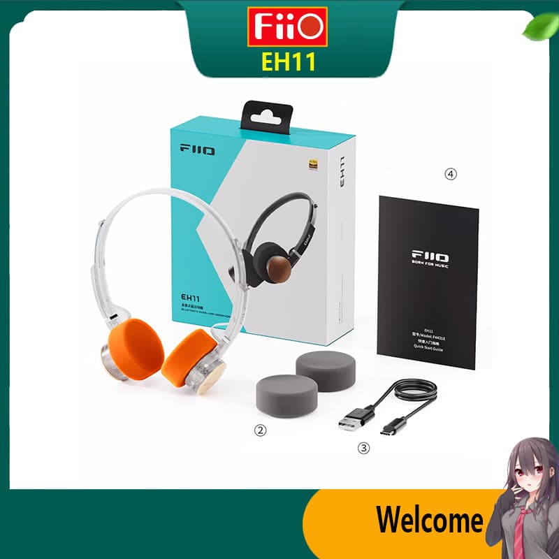 Fones de ouvido Bluetooth intra-auriculares FIIO EH11 com design retrô, cores preto e laranja, caixa aberta com logotipo da marca FIIO, fundo verde com texto 'Welcome' e figura de anime.
